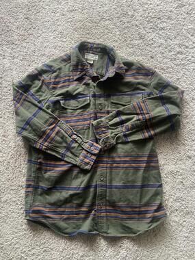 Duluth Trading Shirt Mens Large Green Striped Flannel Long Sleeve Button Up